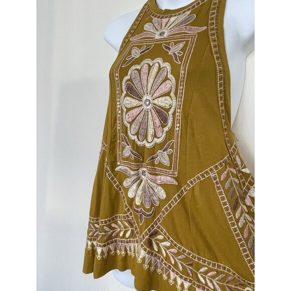 Free People Gold Mustard Embroidered Flowy Tank Top Oversized Fit SZ XS - Picture 5 of 16